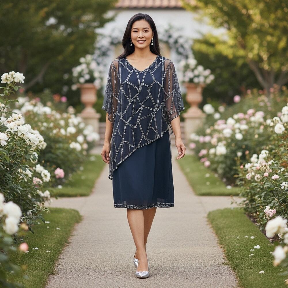 Elegant Navy Beaded V-Neck Asymmetric Dress